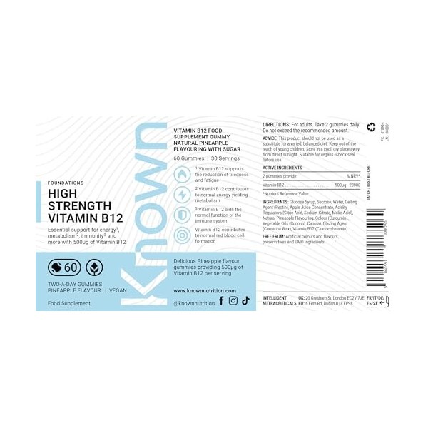 Known Vitamine B12 Gummies Haute Concentration 500mcg – Saveur Ananas – Complément Gommes Végan à Mâcher – Énergie, Métabolis