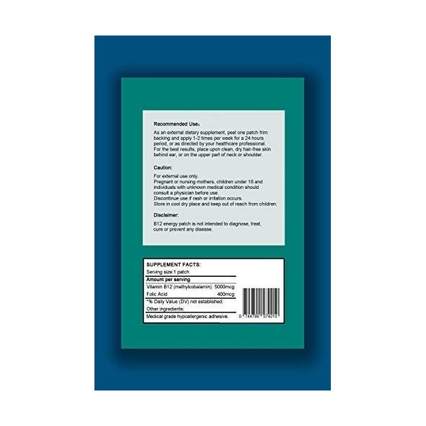 Lot de 16 patchs transdermiques à la vitamine B12 5000 mcgs de méthylcobalamine + 400 mcgs dacide folique