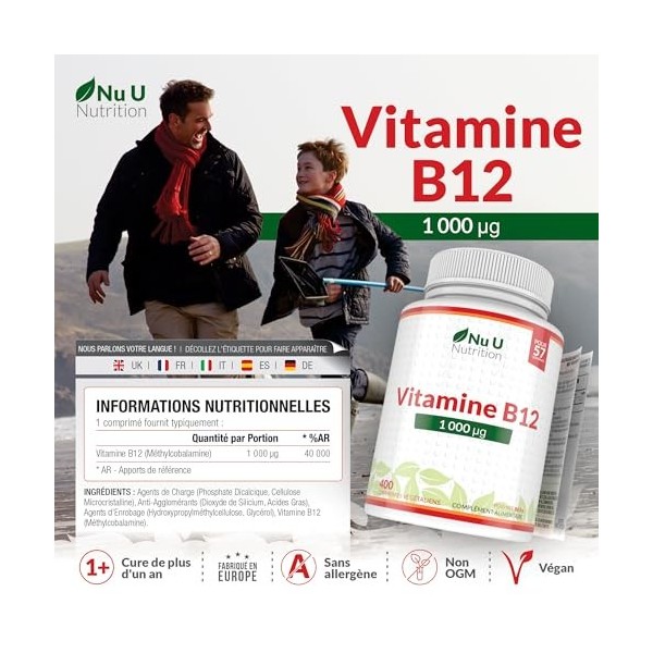 Vitamine B12 1000 µg - 400 Comprimés Végétaliens Haute Puissance - VIT B12 Méthylcobalamine - Cure de 13 Mois - Nu U Nutritio