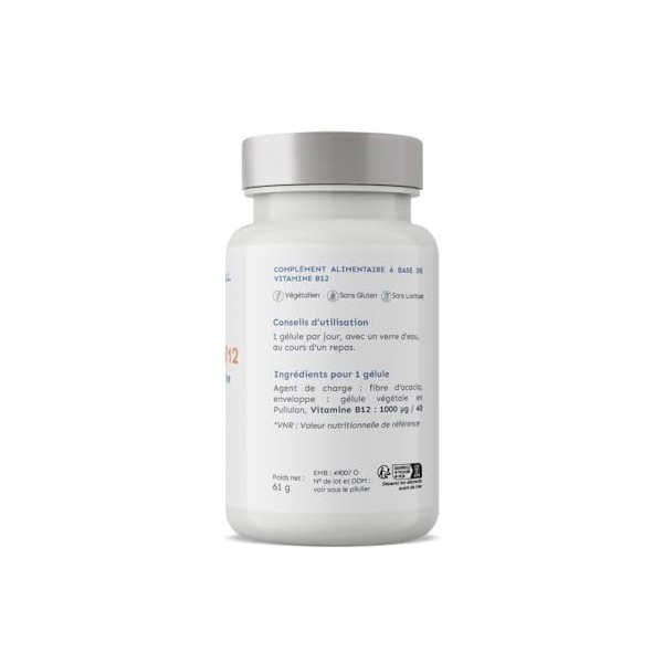 Vitamine B12 végétalien | Dosé à 1000 µg par gélule | Méthylcobalamine - Forme active | 120 Gélules végétales pour 4 mois | B