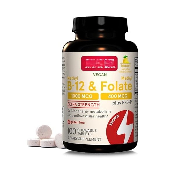 Méthyle B 12 végétalien 1000 mcg et folate 400 mcg, extra fort, P-5-P, à mâcher, citron, 100 comprimés