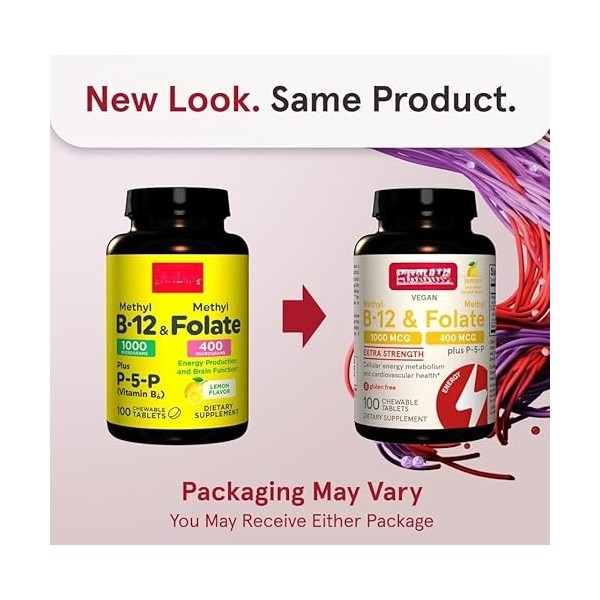 Méthyle B 12 végétalien 1000 mcg et folate 400 mcg, extra fort, P-5-P, à mâcher, citron, 100 comprimés