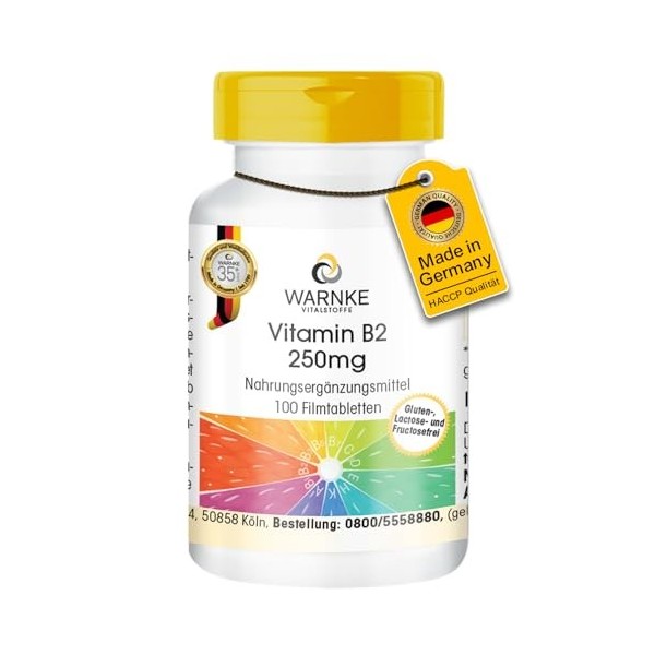 Vitamine B2 250mg - 100 comprimés - 250mg de vitamine B2 par comprimé - Riboflavine - HAUTEMENT DOSÉ - Qualité pharmaceutique