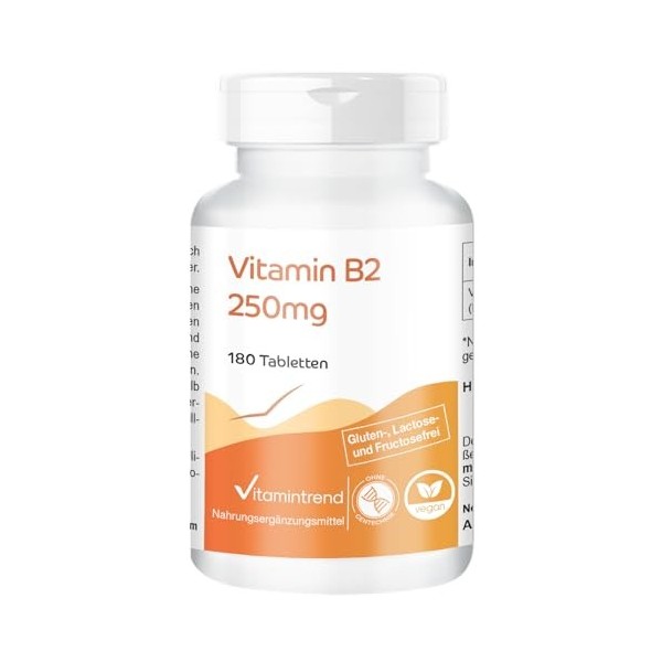 Vitamintrend Vitamine B2 Riboflavine 250mg, 180 comprimés, 250mg par comprimé, hautement dosé, complément alimentaire végétal