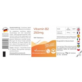 Vitamintrend Vitamine B2 Riboflavine 250mg, 180 comprimés, 250mg par comprimé, hautement dosé, complément alimentaire végétal