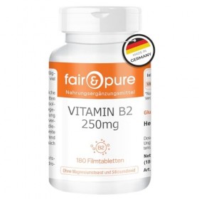Fair & Pure Vitamine B2 250mg, 180 comprimés, 250mg de vitamine B2 riboflavine par comprimé, facile à avaler, complément al