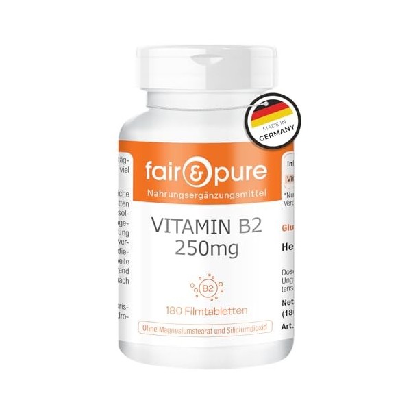 Fair & Pure Vitamine B2 250mg, 180 comprimés, 250mg de vitamine B2 riboflavine par comprimé, facile à avaler, complément al