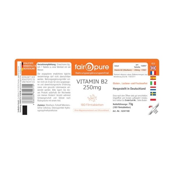 Fair & Pure Vitamine B2 250mg, 180 comprimés, 250mg de vitamine B2 riboflavine par comprimé, facile à avaler, complément al