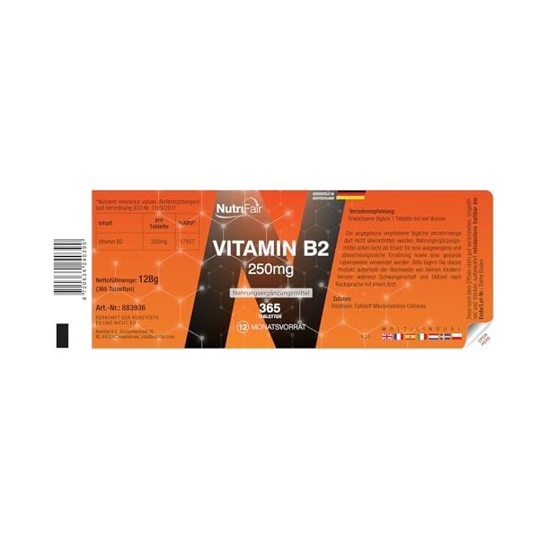 Vitamine B2 250mg - 365 comprimés de 250mg chacun - Riboflavine - Hautement dosé - 100% végétalien - Fabrication allemande et