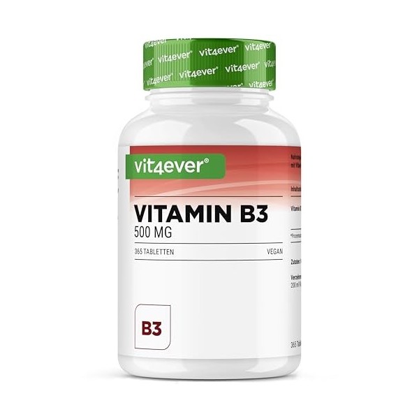 Vitamine B3 Niacine - 500 mg - 365 Comprimés - Nicotinamide Haute Dose - Flushfree - Sans Additifs Indésirables - Vegan