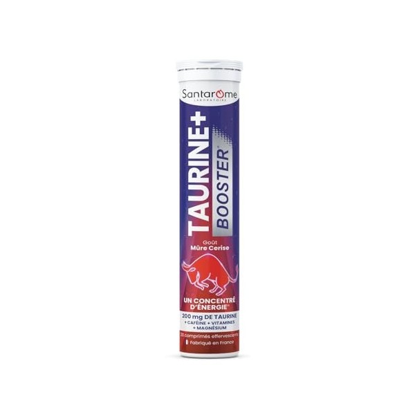 Santarome - Taurine+ Booster - Complément alimentaire énergie - Taurine, Caféine, Guarana, Magnésium - 20 comprimés effervesc