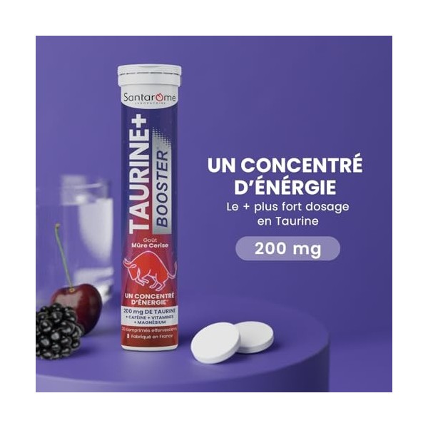 Santarome - Taurine+ Booster - Complément alimentaire énergie - Taurine, Caféine, Guarana, Magnésium - 20 comprimés effervesc
