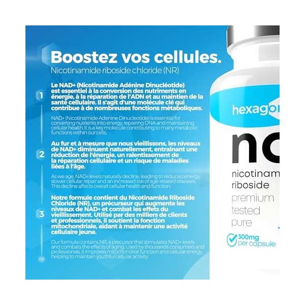 NAD+ Nicotinamide Riboside Chloride 300mg - +6 Mois de Cure - NAD Booster - Anti-Aging & Contre la Fatigue - Made in France -