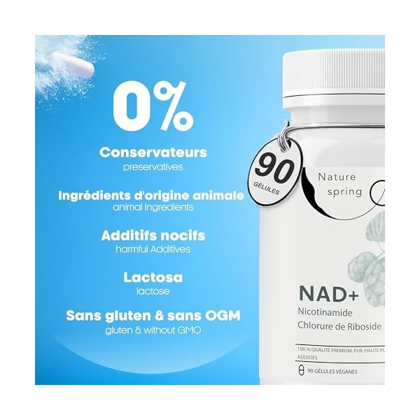 Nature Spring Nad Supplement Nicotinamide Riboside 90 Capsules - Testé en Laboratoire en Allemagne - 300 mg par Capsule - Nic
