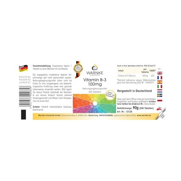 Vitamine B3 100mg - 250 comprimés - 100mg de vitamine B3 niacine par comprimé - Nicotinamide - HAUTEMENT DOSÉ - Qualité pharm