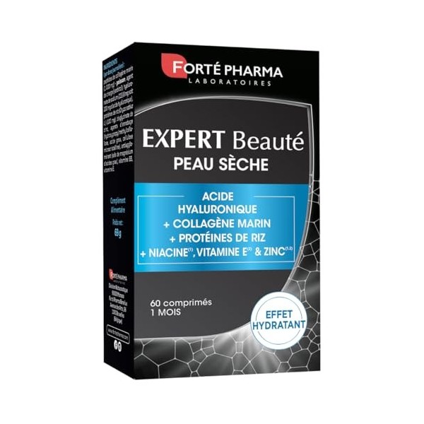 Forté Phama - Expert Beauté Peau Sèche - Complement alimentaire peau sensible, terne - Acide hyaluronique, Collagene marin, V