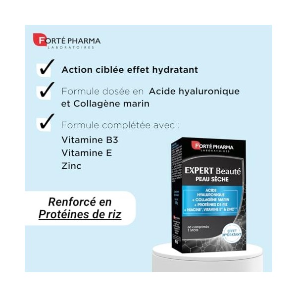 Forté Phama - Expert Beauté Peau Sèche - Complement alimentaire peau sensible, terne - Acide hyaluronique, Collagene marin, V