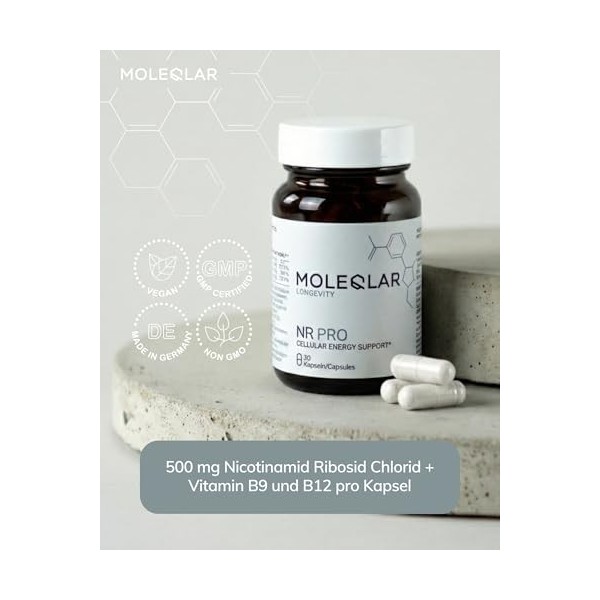 MoleQlar NR PRO Capsules – complément alimentaire fournissant 500 mg par unité avec des vitamines B9 et B12, 30 comprimés, fa...