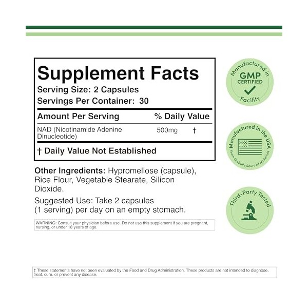 NAD Supplement 500mg of 95% Pure NAD+ Per Serving, 30 Day Supply NAD Booster Similar to Nicotinamide Riboside Third Party Vi...