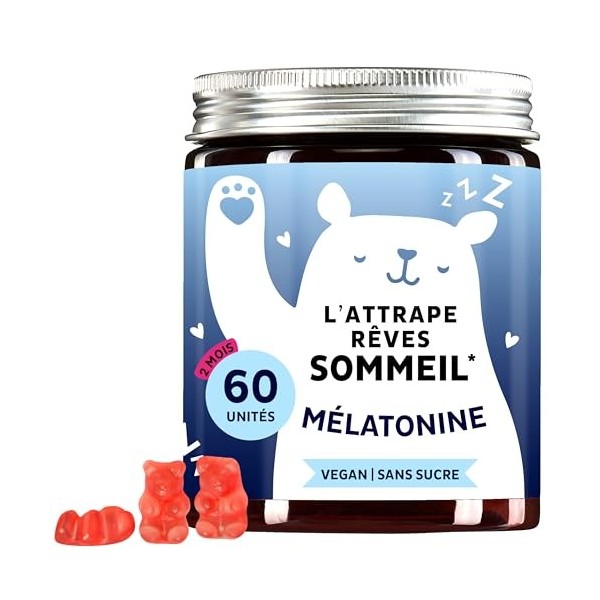LAttrape Rêve Sommeil – Sommeil naturel – 1mg de Mélatonine avec Vitamine B6 – 60 Unités 2 mois – Sans sucre, Vegan – Bear