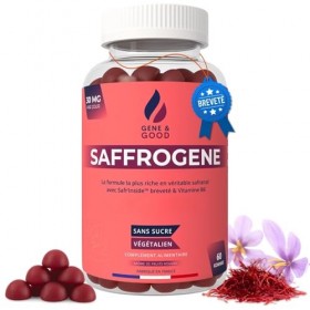 SaffroGene® – Gommes au safran et vitamine B6 – 60 gommes véganes au goût fruits rouges – Formule naturelle – Fabriqué en Fra