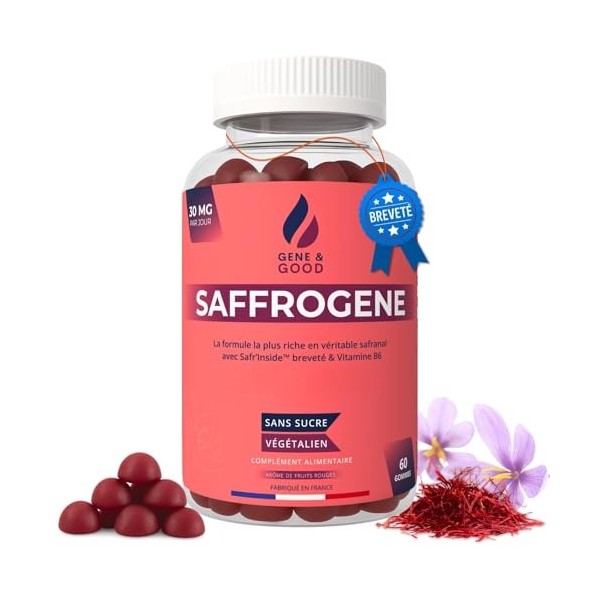 SaffroGene® – Gommes au safran et vitamine B6 – 60 gommes véganes au goût fruits rouges – Formule naturelle – Fabriqué en Fra