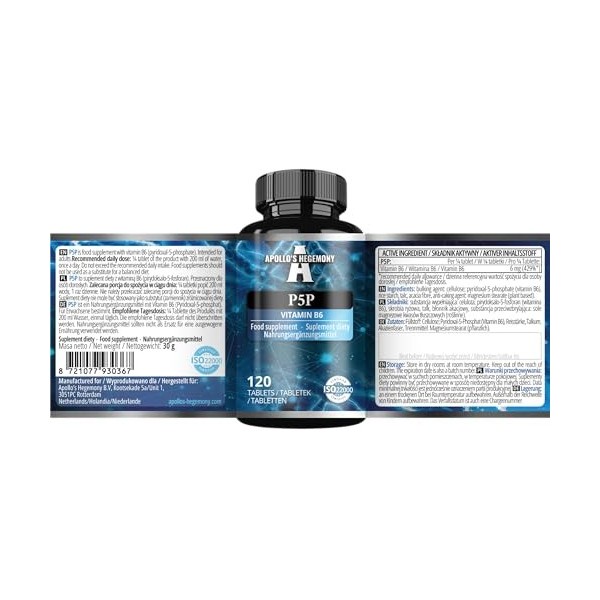 Pyridoxal-5-phosphate P-5-P 6 mg par portion - 120 comprimés végétaliens - Vitamine B6 - Approvisionnement pour 480 portion