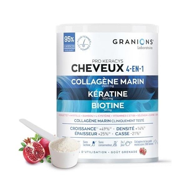 PRO KERACYS Cheveux 4 en 1 GRANIONS | Biotine Cheveux - Complement Alimentaire Cheveux - Collagene Marin, Biotine, Selenium,