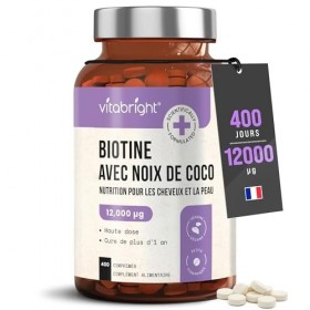 Biotine Cheveux Pousse Rapide | 12 000 mcg Extra Fort | 1 An en Bouteille | B7 Vitamine Complement Alimentaire Perte de Cheve