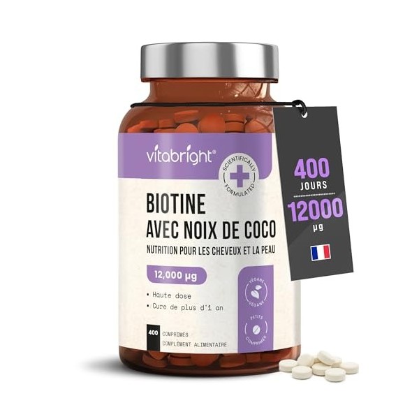 Biotine Cheveux Pousse Rapide | 12 000 mcg Extra Fort | 1 An en Bouteille | B7 Vitamine Complement Alimentaire Perte de Cheve