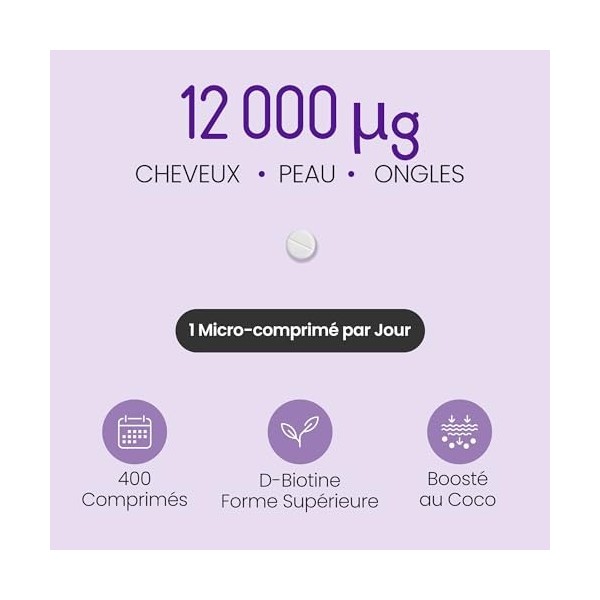 Biotine Cheveux Pousse Rapide | 12 000 mcg Extra Fort | 1 An en Bouteille | B7 Vitamine Complement Alimentaire Perte de Cheve