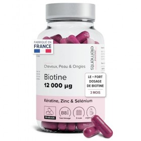 Biotine 12 000µg Haut Dosage Avec Keratine, Selenium & Zinc - Pousse Cheveux, Peau & Ongles - Cure 3 Mois - 90 Gélules Végéta