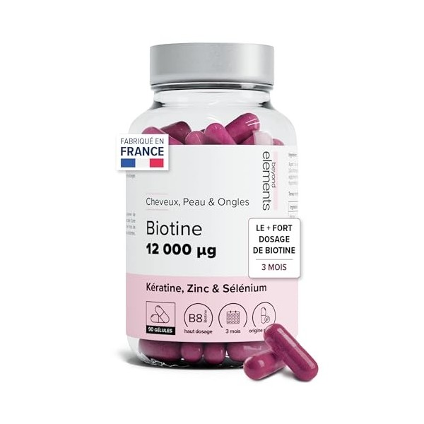 Biotine 12 000µg Haut Dosage Avec Keratine, Selenium & Zinc - Pousse Cheveux, Peau & Ongles - Cure 3 Mois - 90 Gélules Végéta
