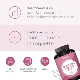 Complexe Cheveux 4en1 avec Biotine - Pousse de Cheveux, Chute de Cheveux, Brillance, Force - 8 Actifs dont Zinc et Roquette -