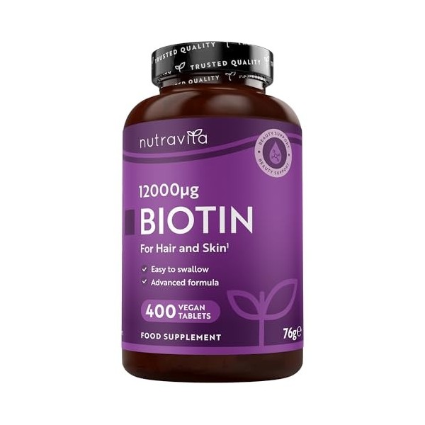 Nutravita Biotine Cheveux 12000 mcg - Complement Alimentaire Cheveux 400 Tablettes pour +1 an dutilisation - Vitamine B7 et 