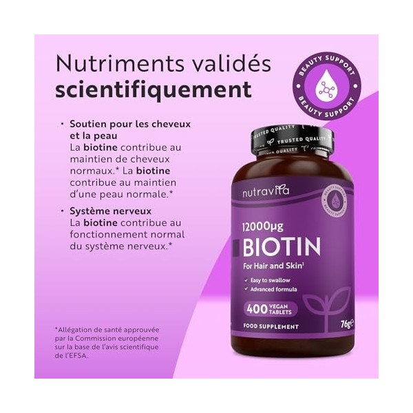 Nutravita Biotine Cheveux 12000 mcg - Complement Alimentaire Cheveux 400 Tablettes pour +1 an dutilisation - Vitamine B7 et 