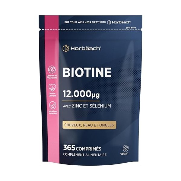 Biotine 12000 mcg Extra Fort | 4000 mcg par Comprimés | 365 Comprimés Vegan | Complexe avec Zinc et Sélénium | Complément Ali
