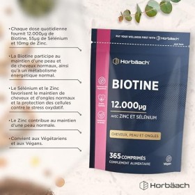Biotine 12000 mcg Extra Fort | 4000 mcg par Comprimés | 365 Comprimés Vegan | Complexe avec Zinc et Sélénium | Complément Ali