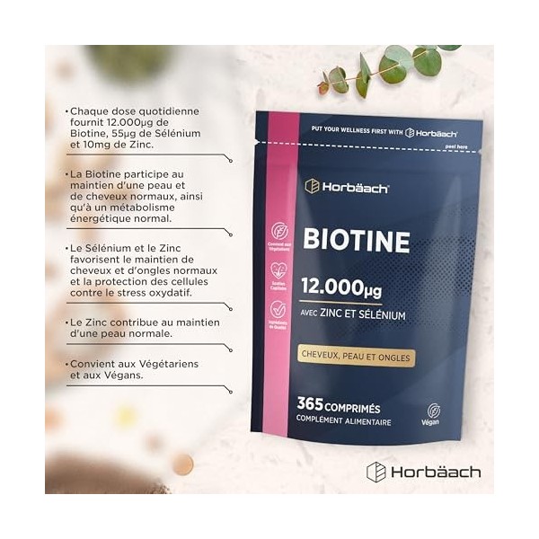 Biotine 12000 mcg Extra Fort | 4000 mcg par Comprimés | 365 Comprimés Vegan | Complexe avec Zinc et Sélénium | Complément Ali