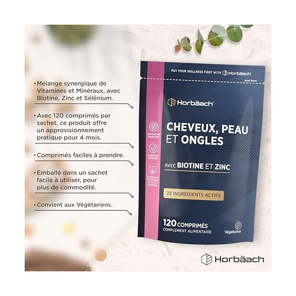 Cheveux Ongles Peau | 28 nutriments avec de la biotine, du zinc, du fer, un complexe de vitamines B et bien plus encore ! | 1