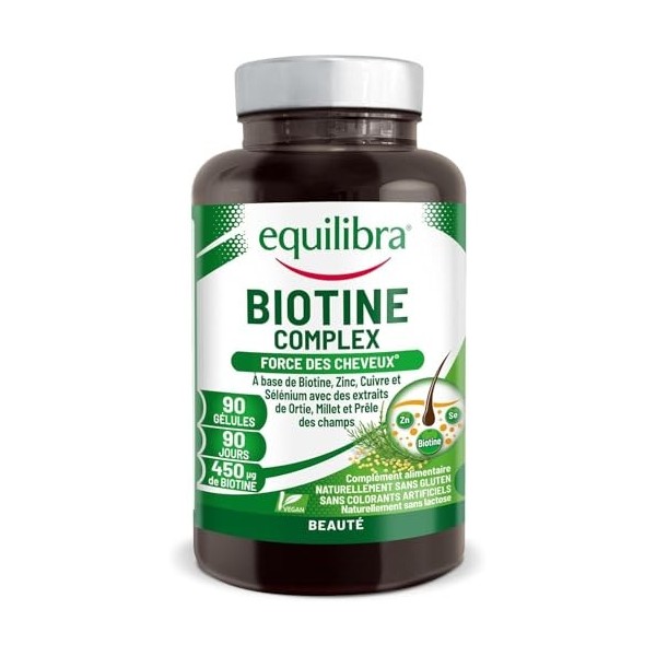 Equilibra, Biotin Complex, Santé des Cheveux et des Ongles, Biotine Hautement Dosée, Zinc, Cuivre, Sélénium, Extraits dOrtie