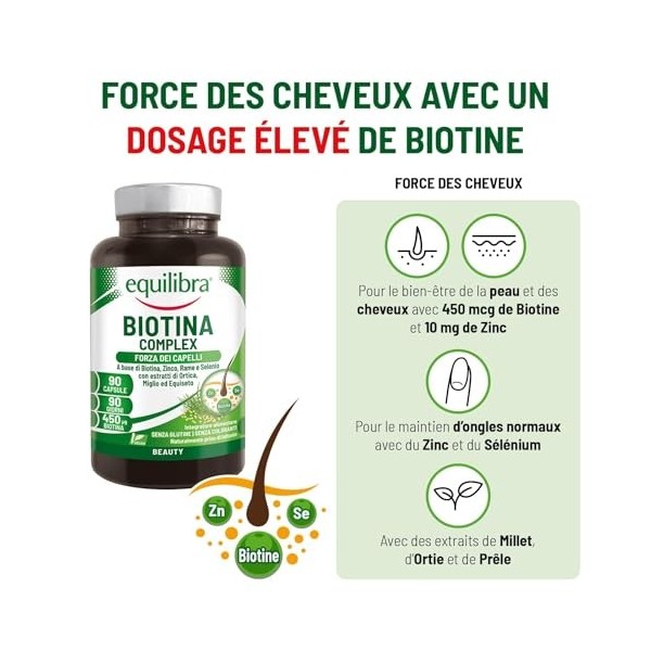 Equilibra, Biotin Complex, Santé des Cheveux et des Ongles, Biotine Hautement Dosée, Zinc, Cuivre, Sélénium, Extraits dOrtie