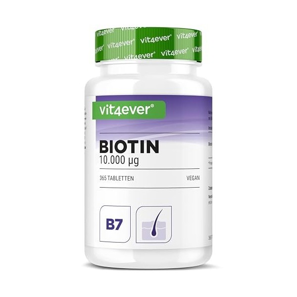Biotine - 10 000 mcg - 365 Comprimés - Haute Biodisponibilité : D-Biotine pour la Peau, les Cheveux et les Ongles - Sans addi