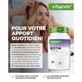 Biotine - 10 000 mcg - 365 Comprimés - Haute Biodisponibilité : D-Biotine pour la Peau, les Cheveux et les Ongles - Sans addi