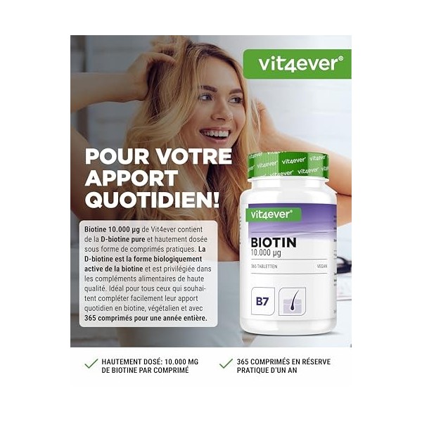 Biotine - 10 000 mcg - 365 Comprimés - Haute Biodisponibilité : D-Biotine pour la Peau, les Cheveux et les Ongles - Sans addi