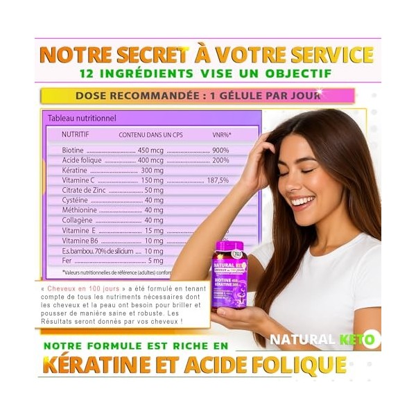 Biotine cheveux pousse rapide | complement alimentaire cheveux avec 12 vitamines | Pousse cheveux très rapide | chute de chev