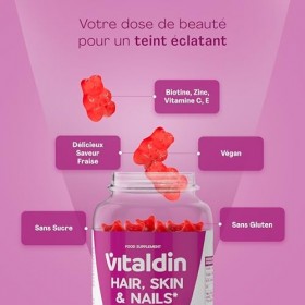 VITALDIN Gummies Cheveux, Peau & Ongles – 2 500 μg de Biotine – Soin des Cheveux – Avec Zinc et Vitamines C & E – Véganes – S