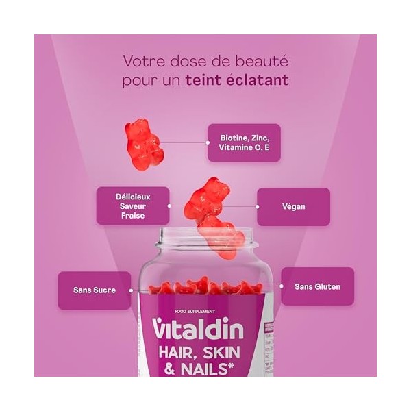 VITALDIN Gummies Cheveux, Peau & Ongles – 2 500 μg de Biotine – Soin des Cheveux – Avec Zinc et Vitamines C & E – Véganes – S