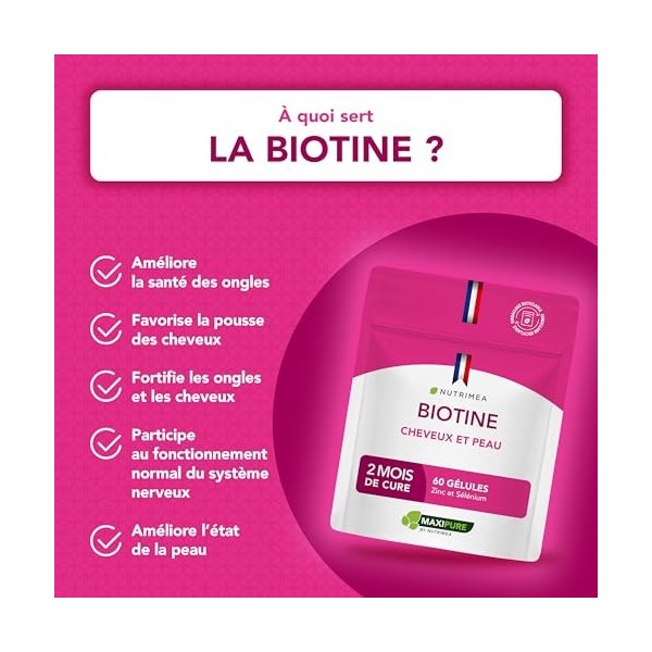 BIOTINE | Sans Excipient | Accélère la Pousse des Cheveux & Ongles | Avec Vitamine B8, Pépins de Courge, Zinc et Sélénium | 6