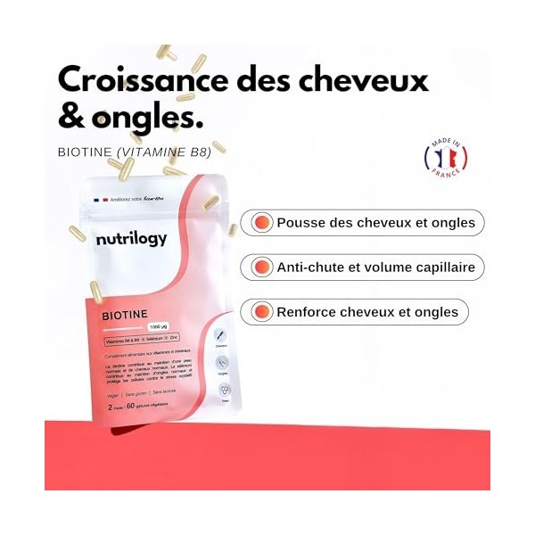 Biotine | 2 mois - 60 gélules | Pousse des Cheveux & Ongles et Beauté de la Peau | Avec Vitamines B8 et B9, Sélénium & Zinc |